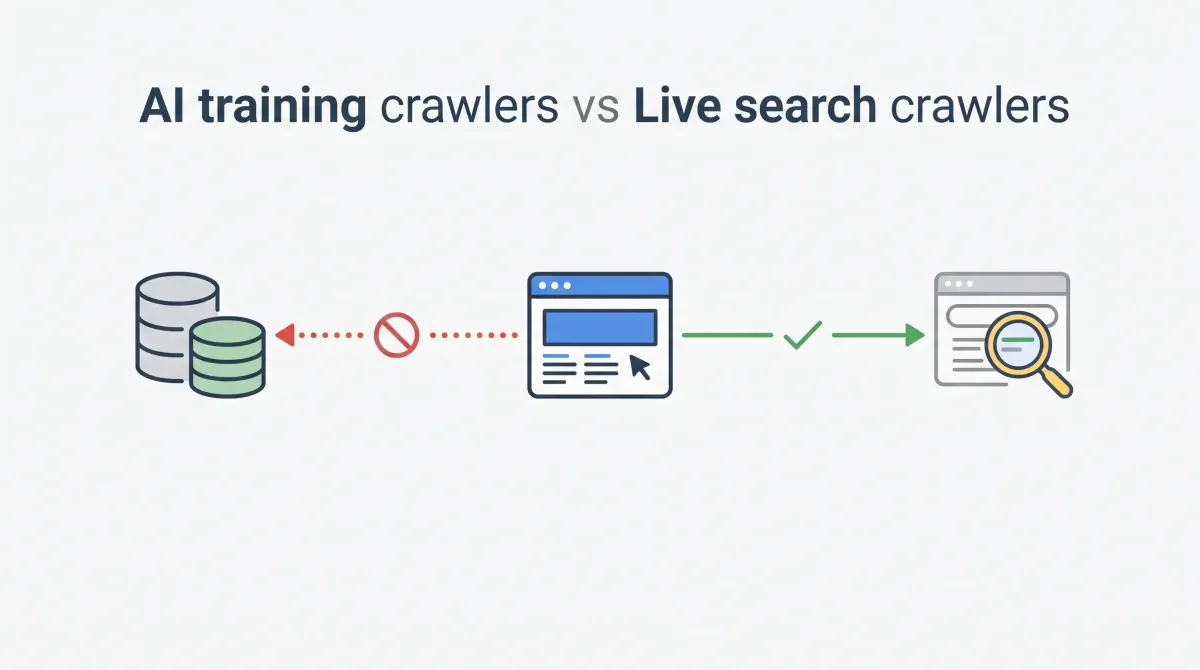 Diagram showing AI training crawlers blocked while live search crawlers can access a website.