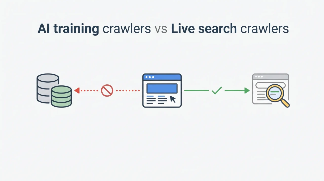 Diagram showing AI training crawlers blocked while live search crawlers can access a website.