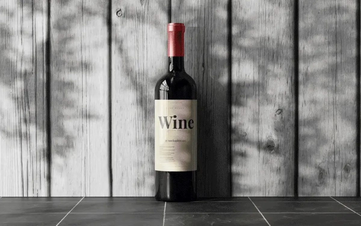 Wine bottle with red foil cap and cream Wine label against a weathered wood-plank backdrop with dappled leaf-shadow lighting.