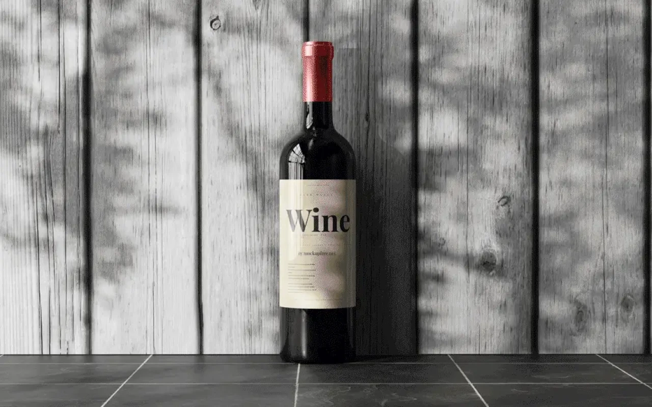 Wine bottle with red foil cap and cream Wine label against a weathered wood-plank backdrop with dappled leaf-shadow lighting.