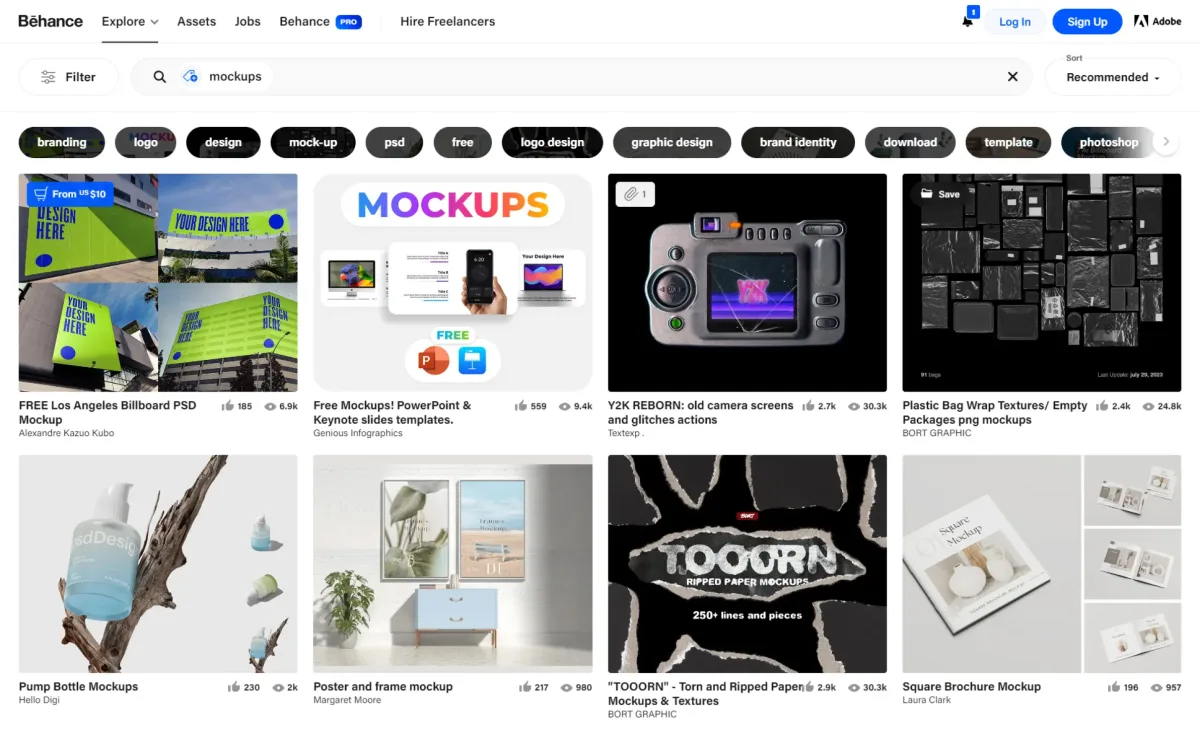 Screenshot of Behance search results showing community mockup projects and engagement metrics