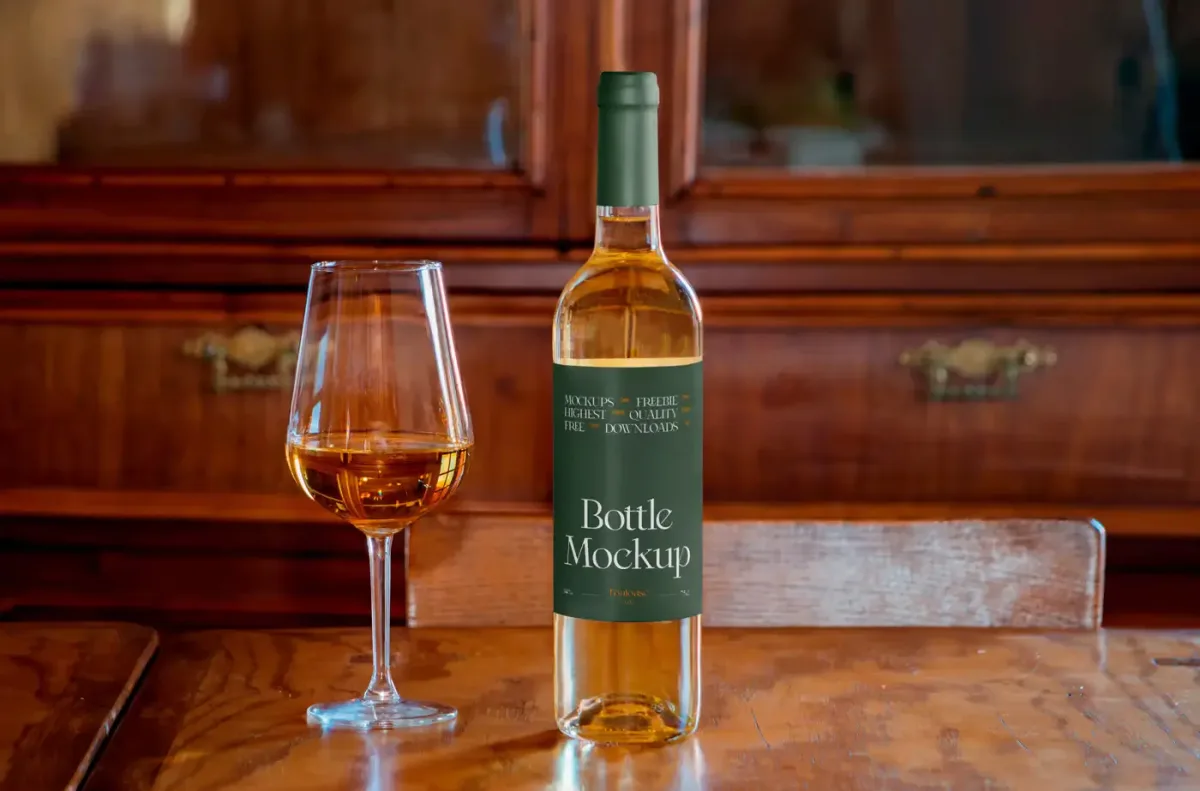 Wine bottle mockup with green label reading Bottle Mockup, standing beside a poured wine glass on a wooden table.