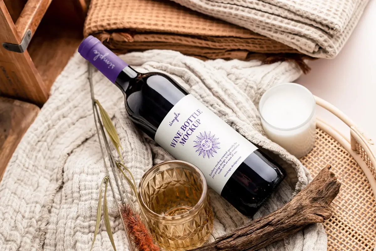 Wine bottle with purple foil cap and Simple Wine Bottle Mockup label lying across woven blankets, with a candle, glass of amber liquid, and dried grasses.