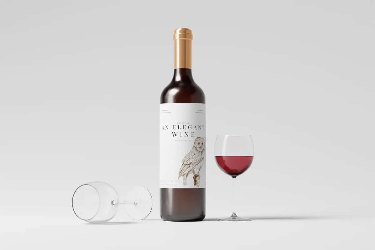 Wine bottle labelled An Elegant Wine with an illustrated owl design, standing between a poured glass of red wine and an empty tilted glass, plain grey background.