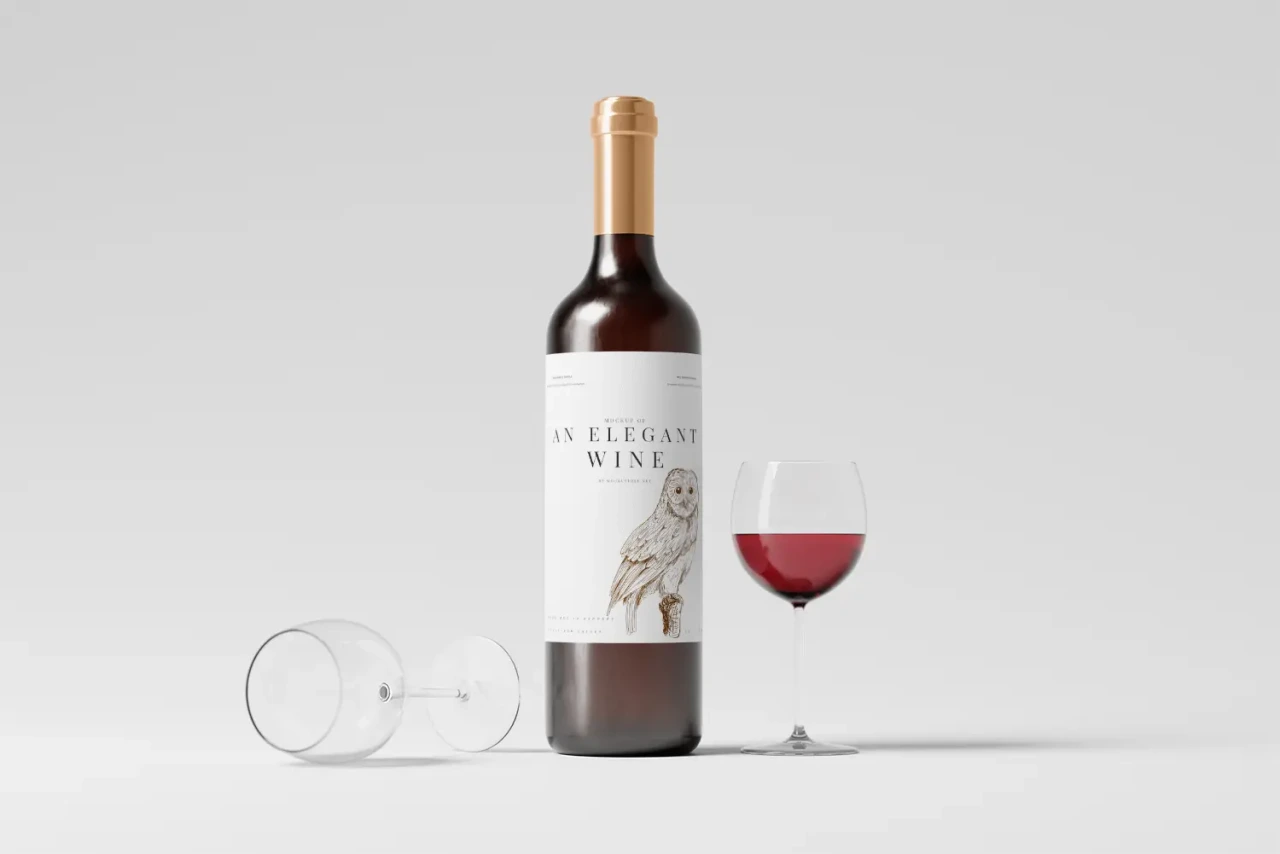 Wine bottle labelled An Elegant Wine with an illustrated owl design, standing between a poured glass of red wine and an empty tilted glass, plain grey background.