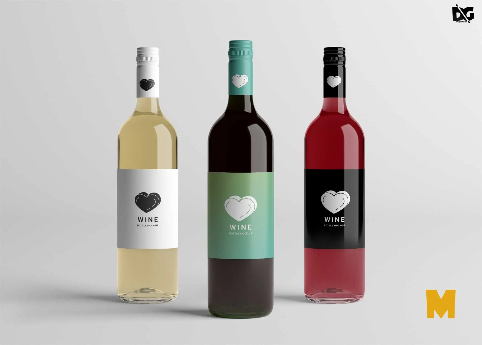 Three wine bottle mockups in white, red and rosé, each with a matching heart-logo Wine Bottle Mock-Up label, on a plain grey background.
