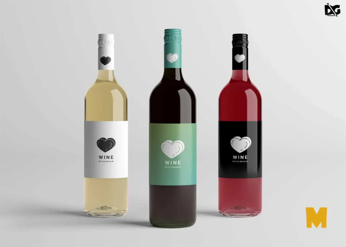 Three wine bottle mockups in white, red and rosé, each with a matching heart-logo Wine Bottle Mock-Up label, on a plain grey background.