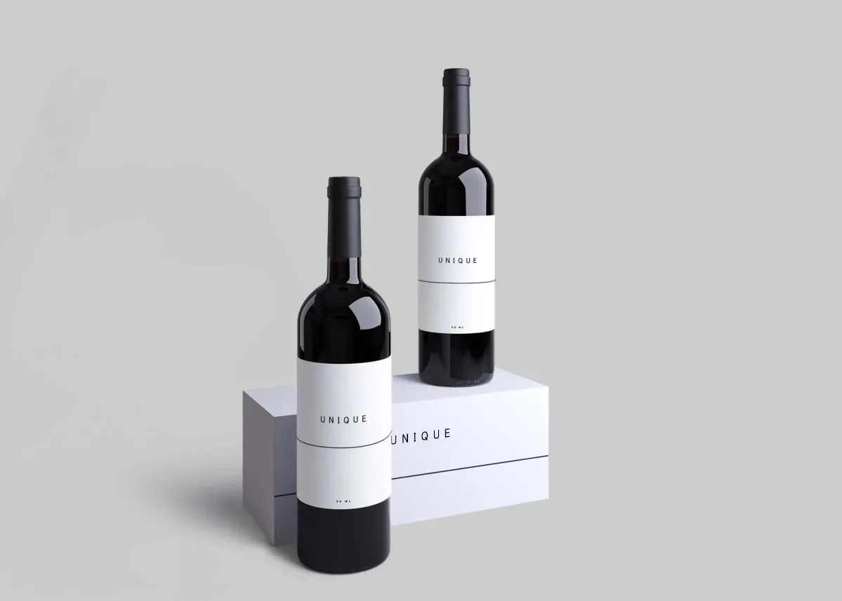 Two matching wine bottles with minimal white Unique labels, arranged at different heights on plinths, plain grey background.