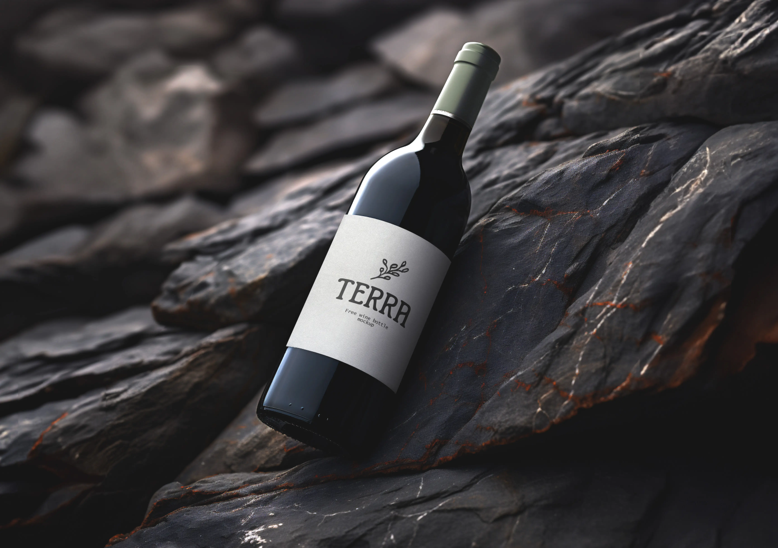 Dark wine bottle mockup with Terra label leaning against dark slate rock, moody directional lighting.