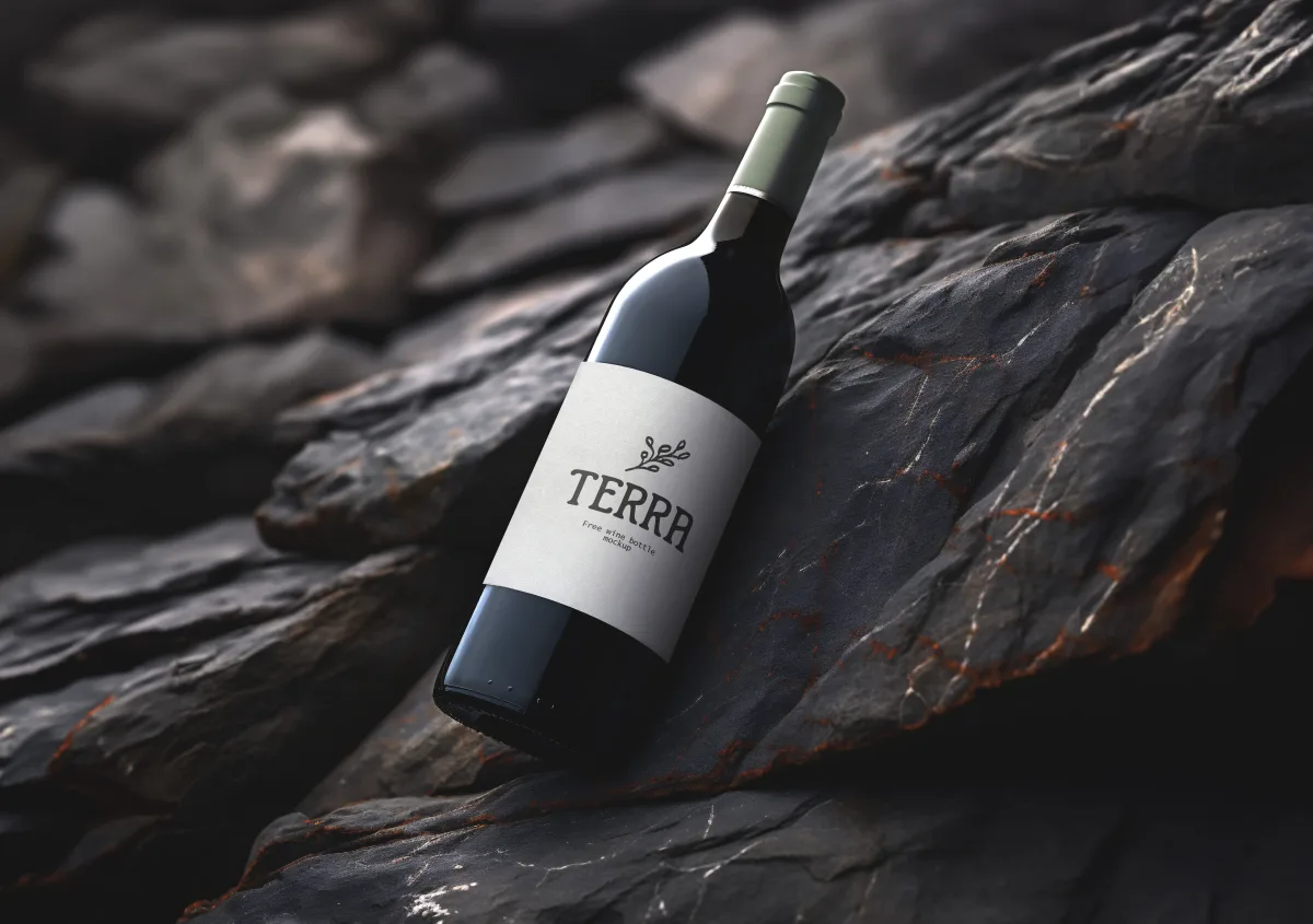 Dark wine bottle mockup with Terra label leaning against dark slate rock, moody directional lighting.