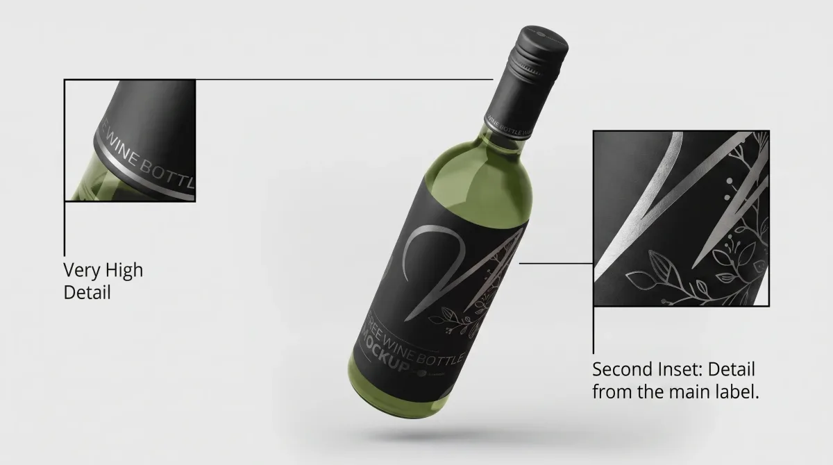 Free wine bottle PSD mockup, dark green bottle with black label, floating on a plain grey background.