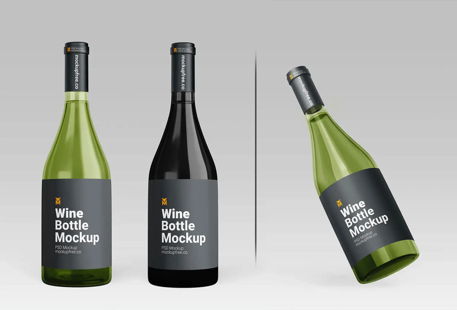 Set of wine bottle PSD mockups in green and dark glass, shown standing and at an angle, plain grey background, mockupfree.co branding.