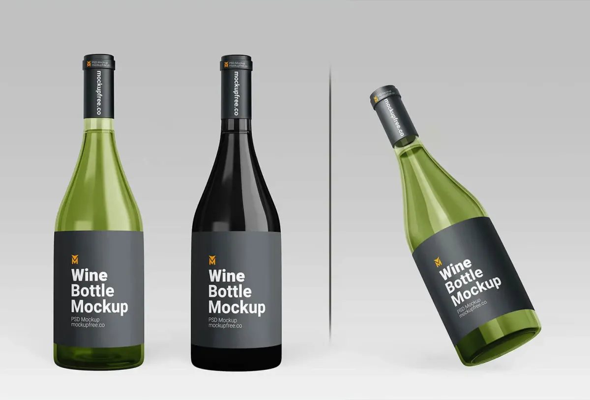 Set of wine bottle PSD mockups in green and dark glass, shown standing and at an angle, plain grey background, mockupfree.co branding.
