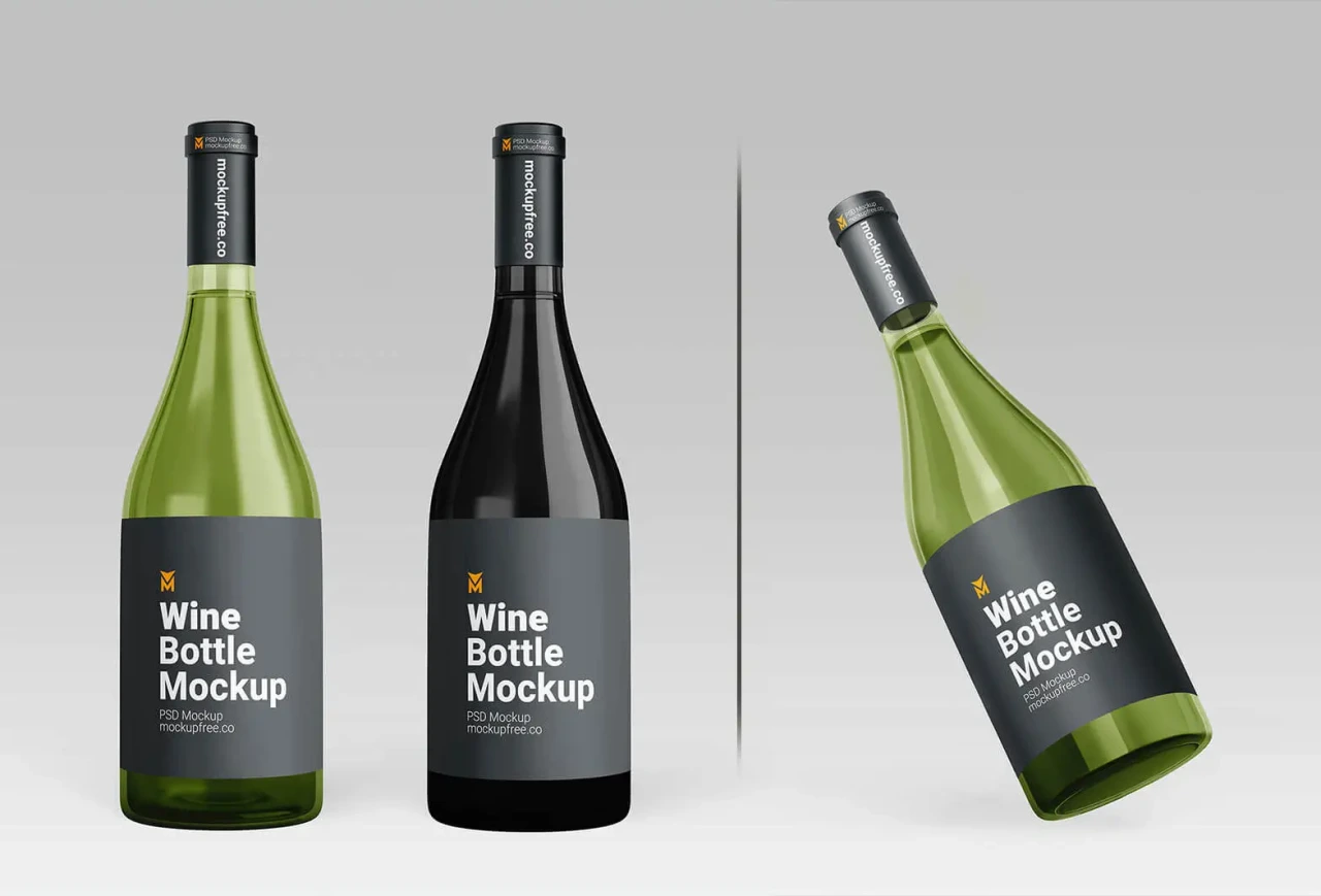 Set of wine bottle PSD mockups in green and dark glass, shown standing and at an angle, plain grey background, mockupfree.co branding.