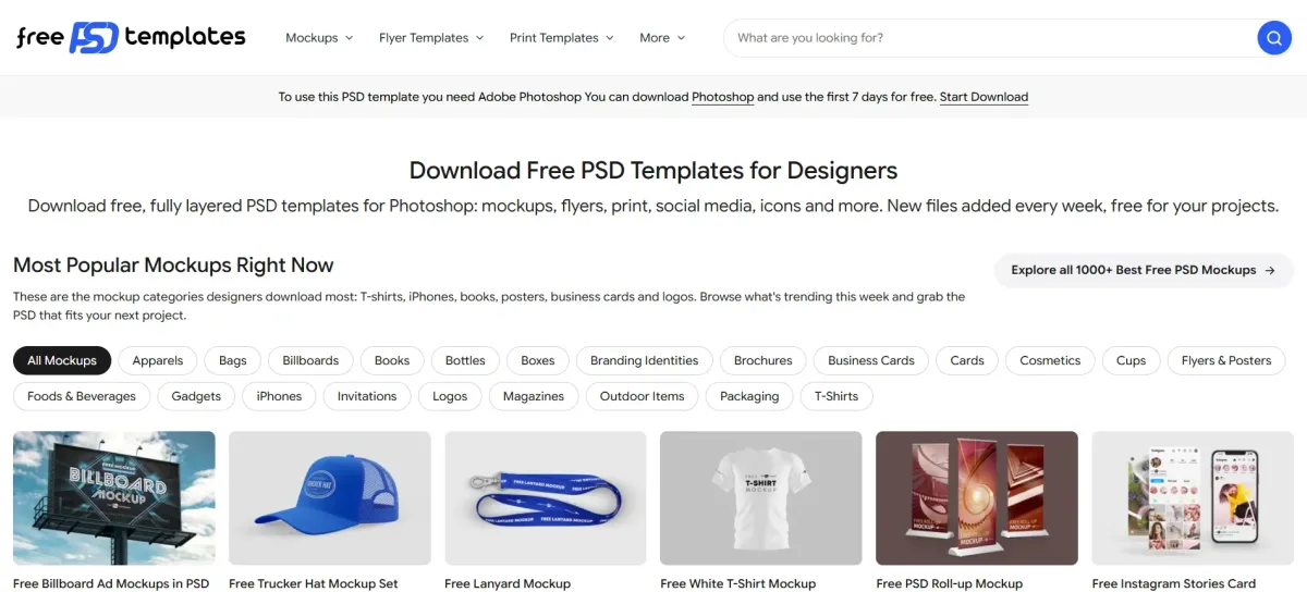 Homepage screenshot of Free PSD Templates highlighting popular mockup downloads