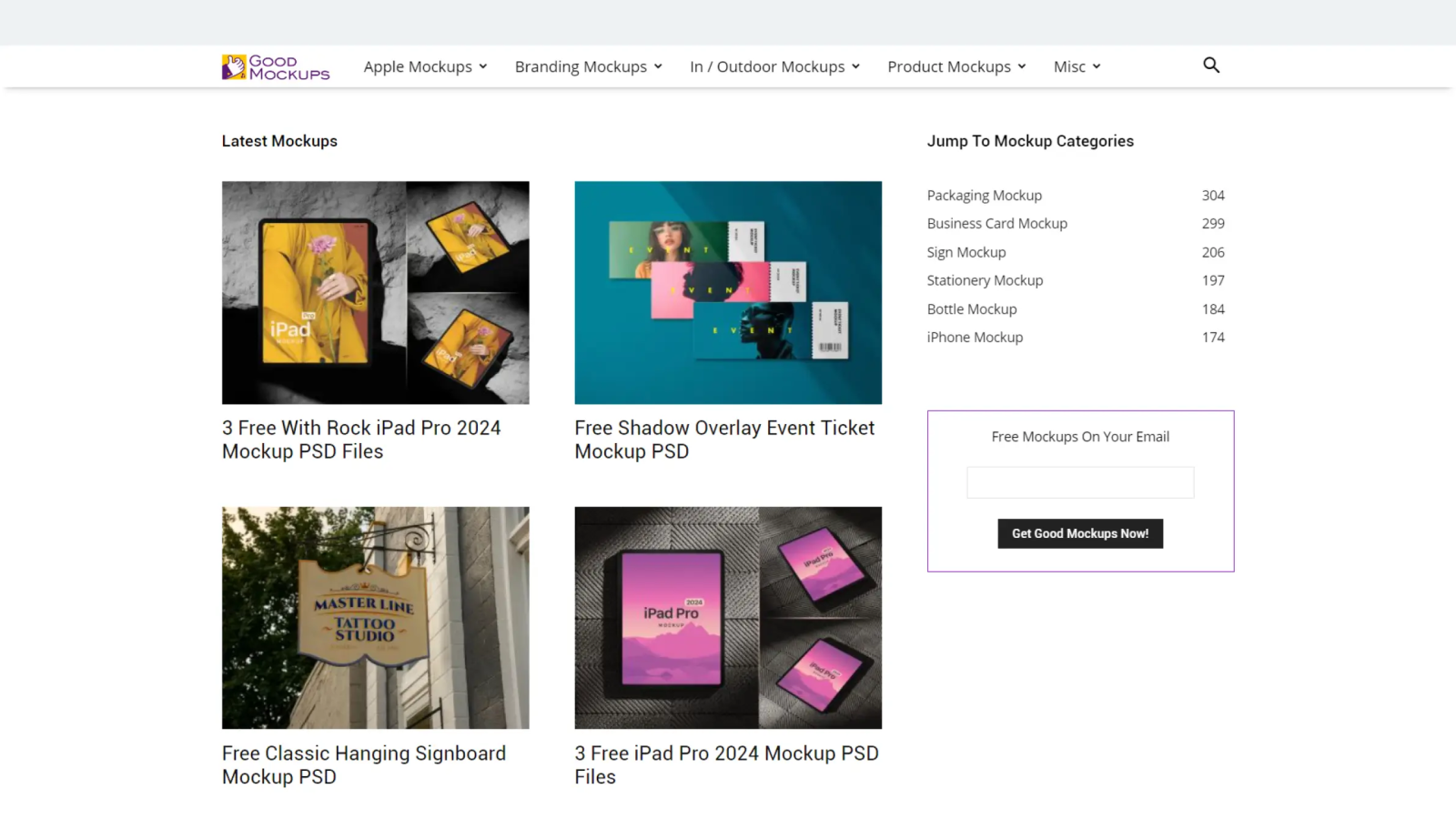 Good Mockups homepage showcasing free PSD product and branding mockup templates