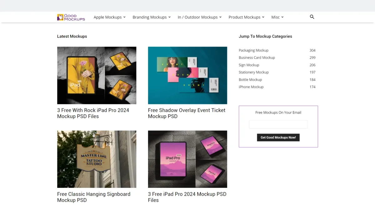 Good Mockups homepage showcasing free PSD product and branding mockup templates