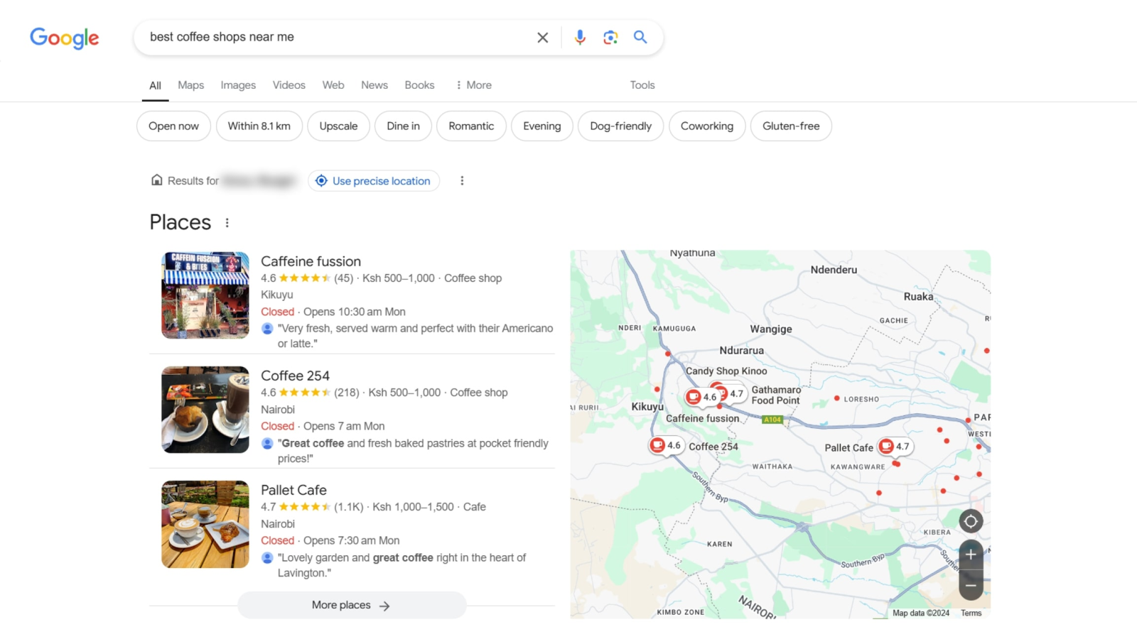 Google Local Map Pack showing top local business search results in Kenya