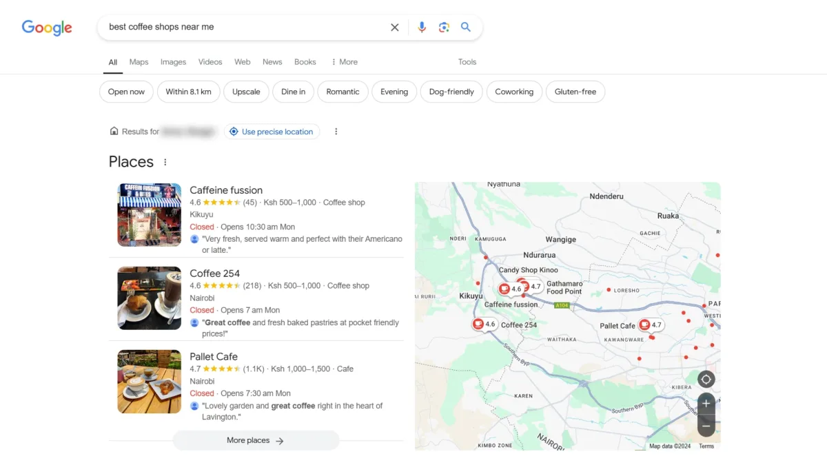 Google Local Map Pack showing top local business search results in Kenya