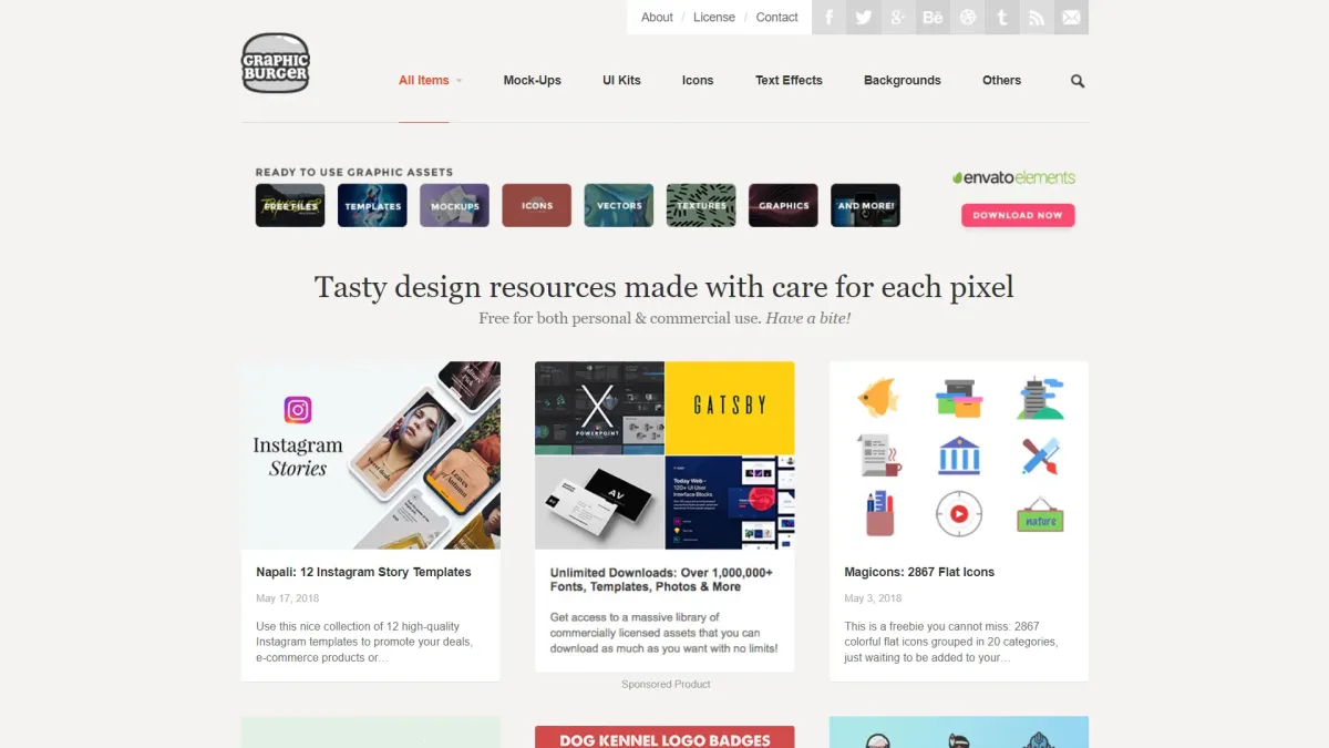 GraphicBurger homepage featuring free mockups, UI kits, icons, and design resources