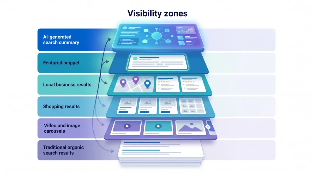 Diagram of a Google results page divided into zones: AI overview, featured snippet, local pack, shopping carousel and organic listings