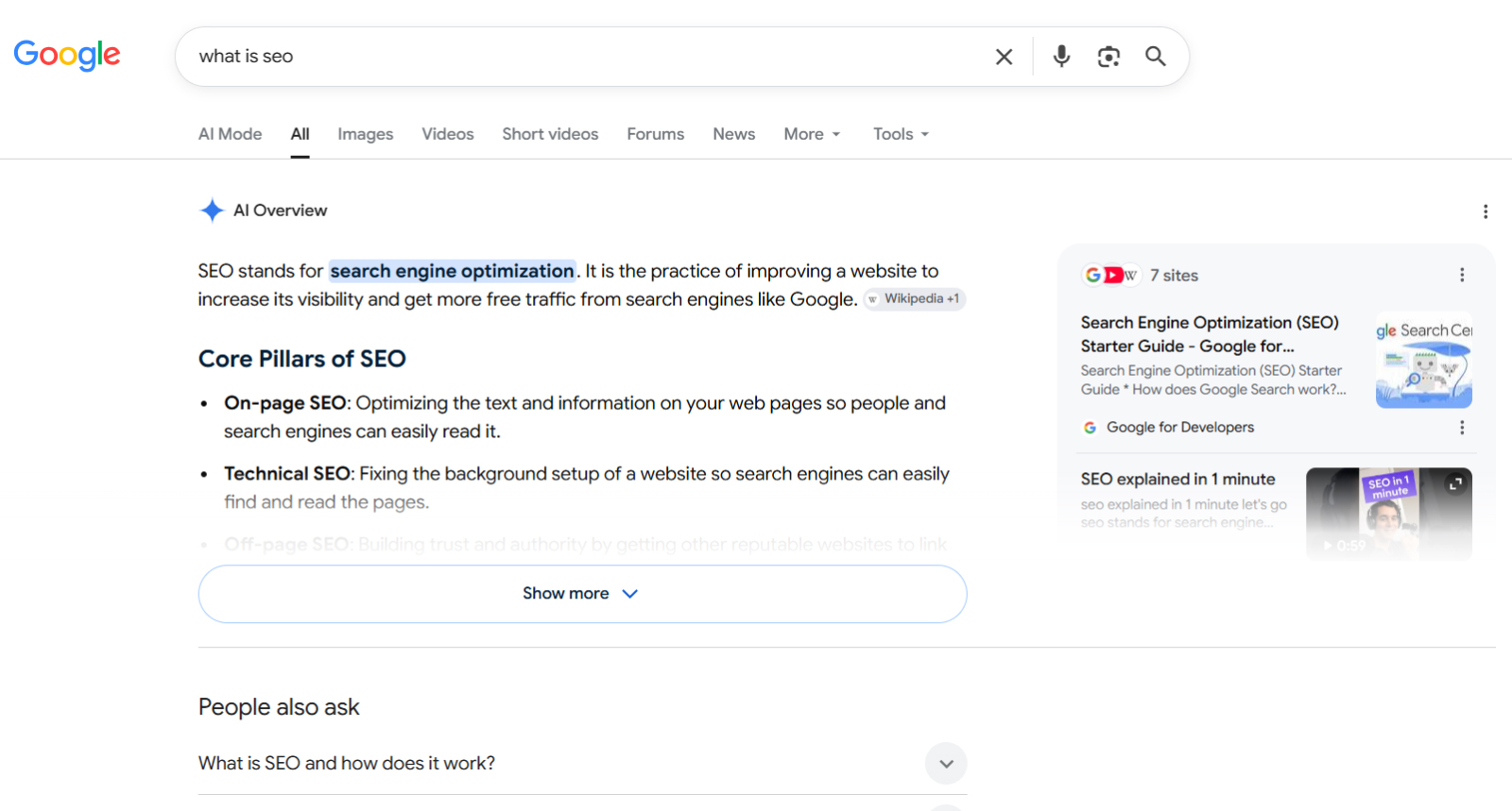 Screenshot of a 2026 Google search results page showing an AI overview and featured snippet above the organic listings
