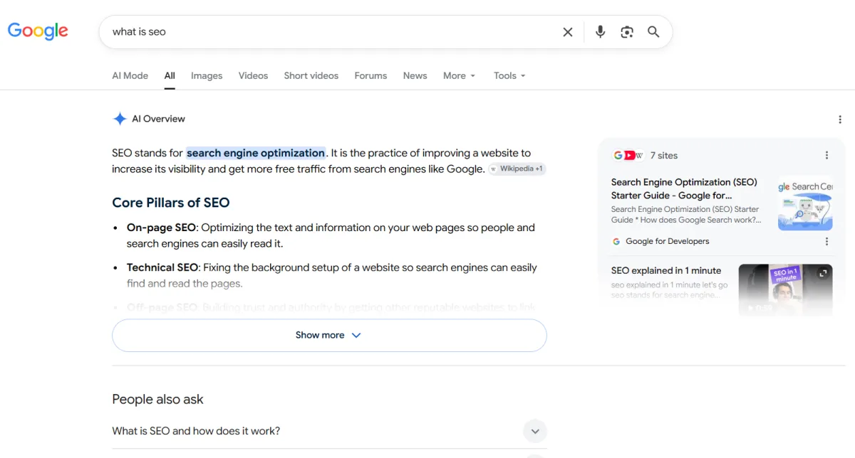 Screenshot of a 2026 Google search results page showing an AI overview and featured snippet above the organic listings