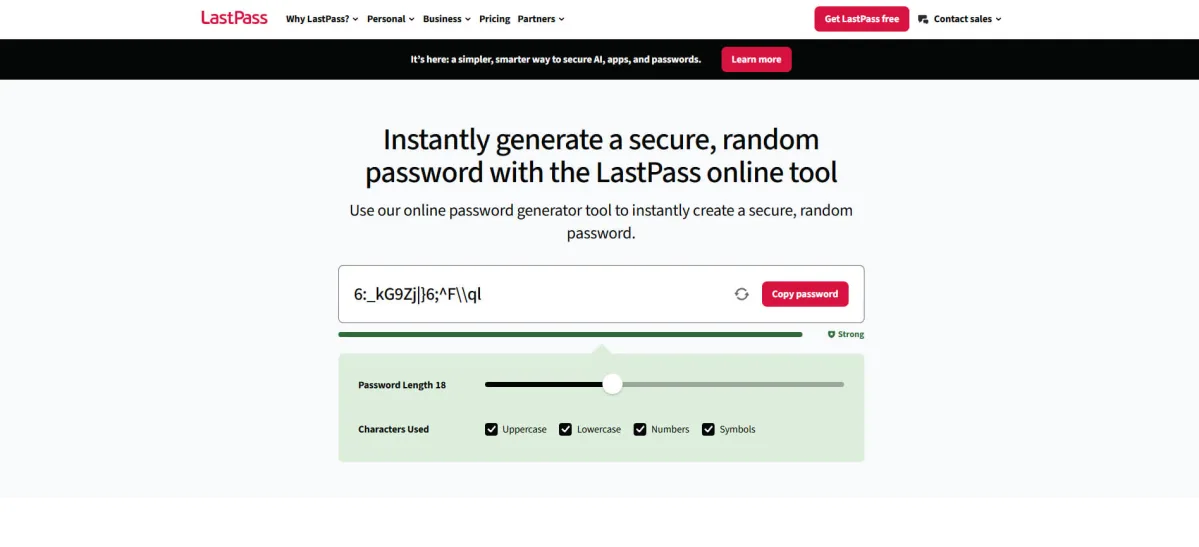 LastPass online password generator creating a strong random password with customizable security settings