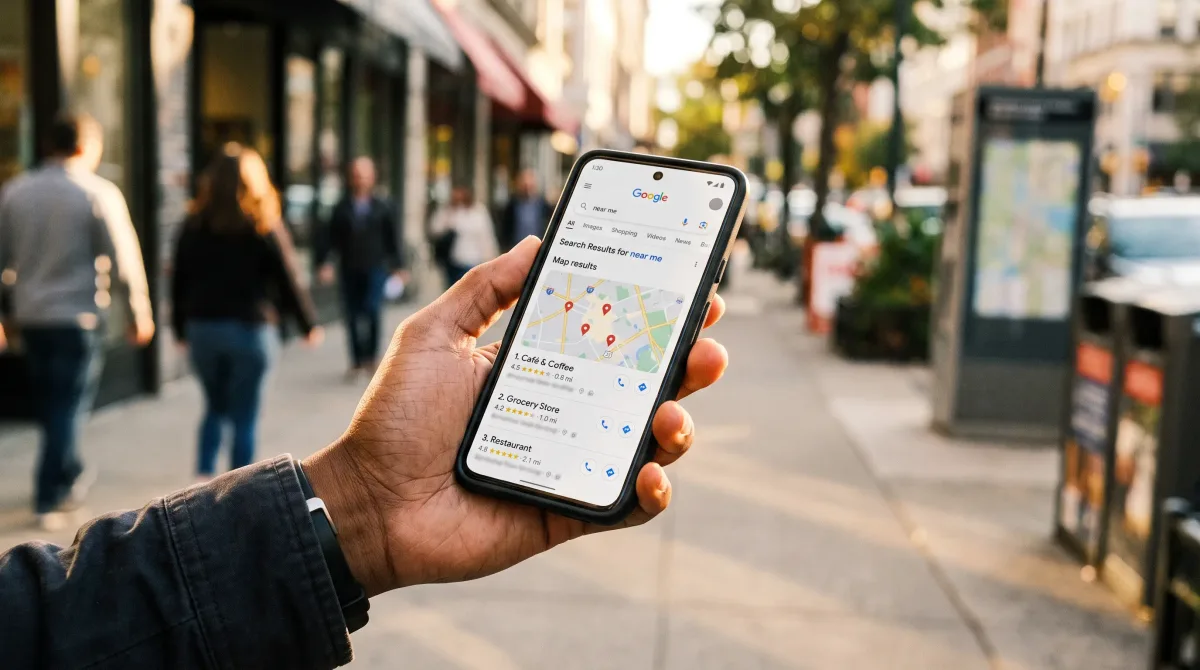 Smartphone displaying Google local search results for a "near me" query with nearby business listings and map results.