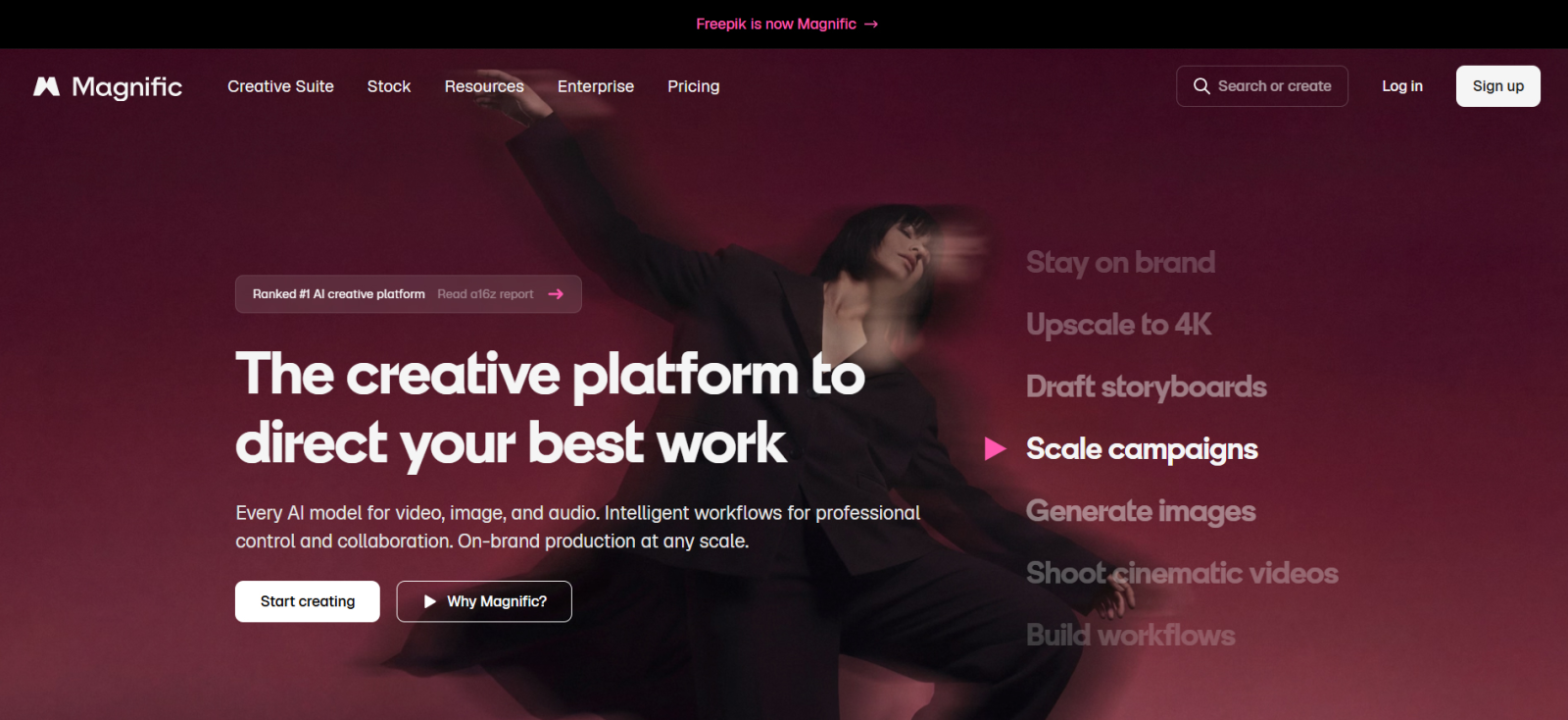Magnific homepage featuring AI-powered creative design and image generation tools