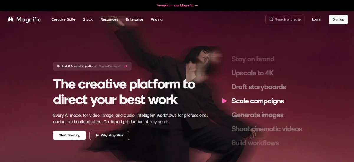 Magnific homepage featuring AI-powered creative design and image generation tools