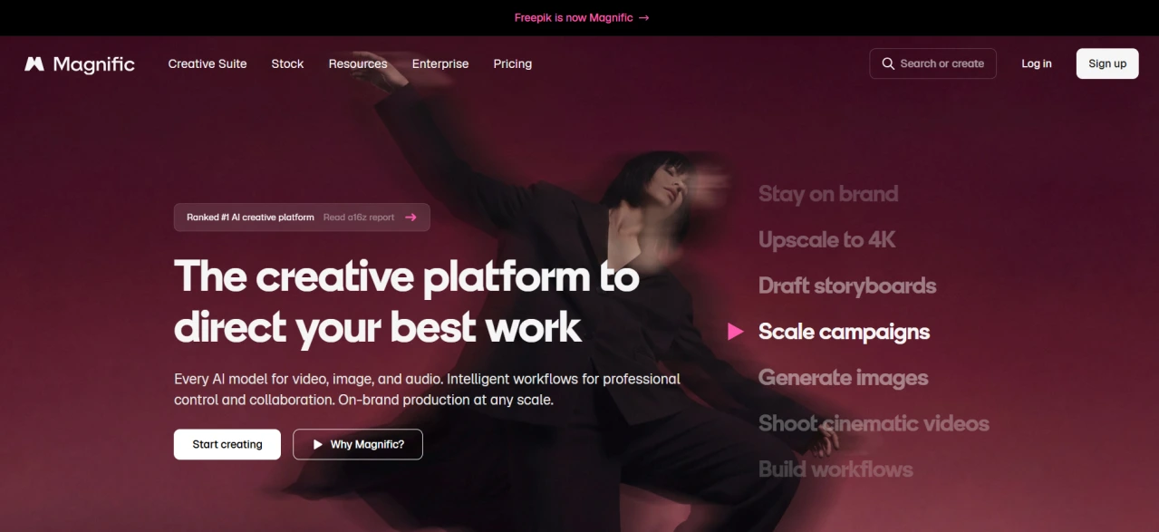 Magnific homepage featuring AI-powered creative design and image generation tools