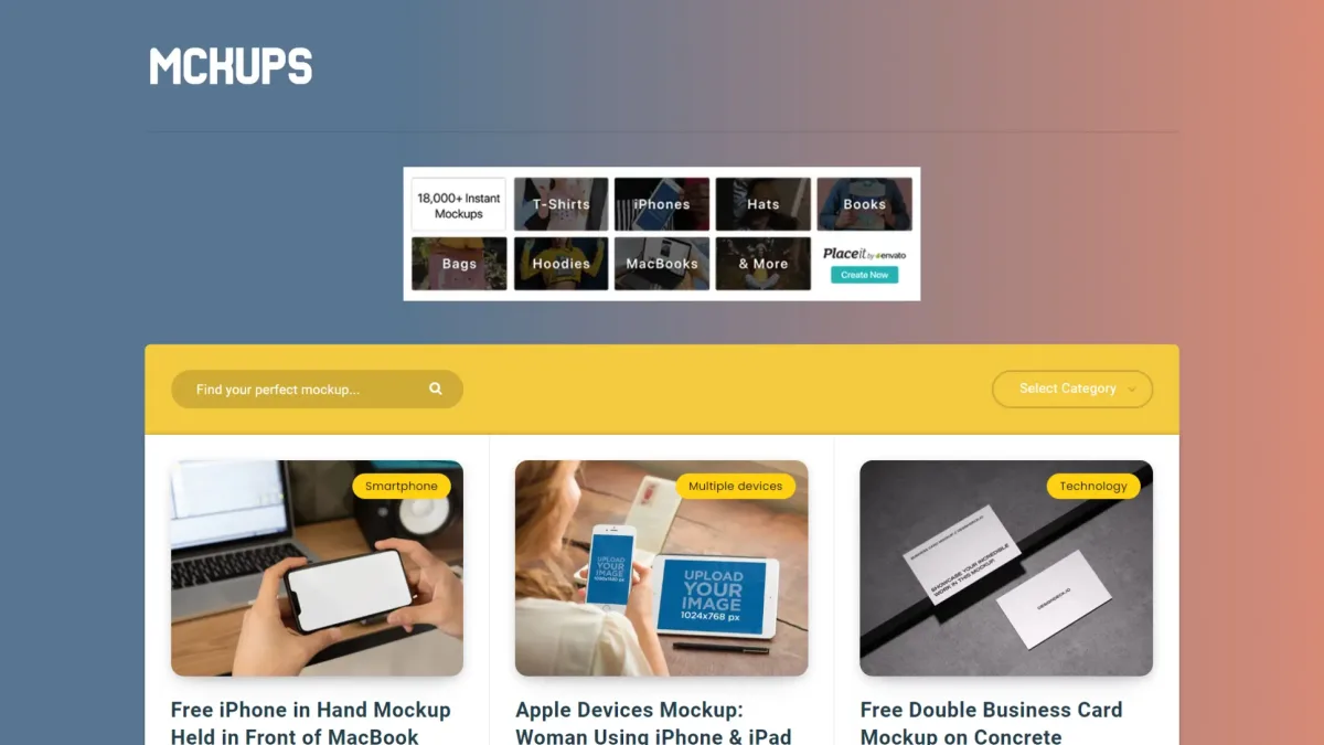 Mckups homepage featuring free PSD mockups for devices, branding, and business cards