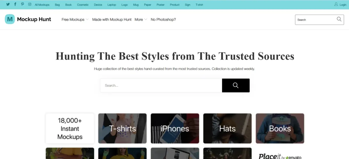 Homepage screenshot of Mockup Hunt featuring curated design styles and search options