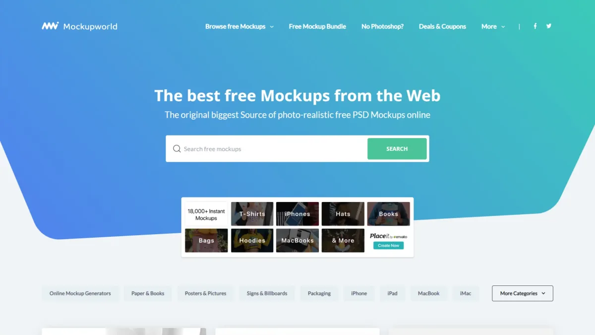 Mockup World homepage showcasing free PSD mockups for branding and product design