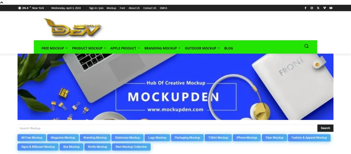 MockupDen homepage featuring free branding, packaging, and product mockup templates