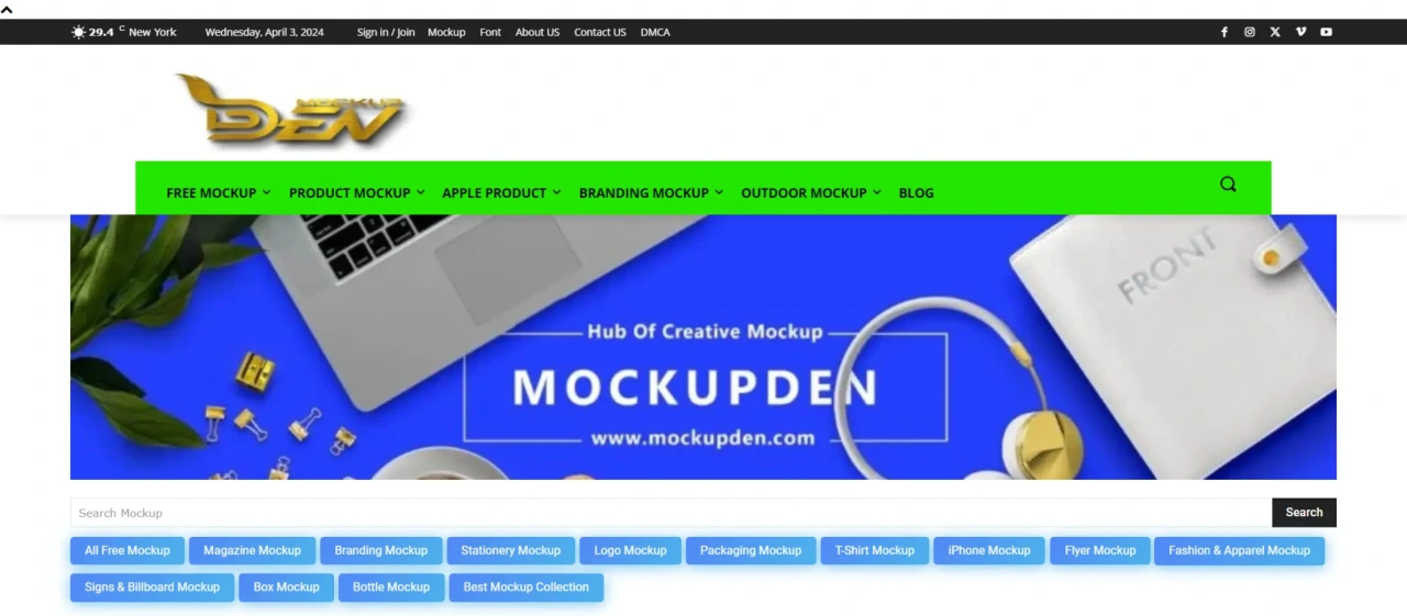 MockupDen homepage featuring free branding, packaging, and product mockup templates