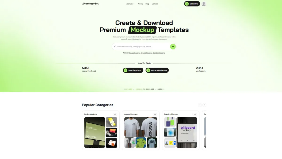 MockupHive homepage showcasing premium mockup templates and design categories