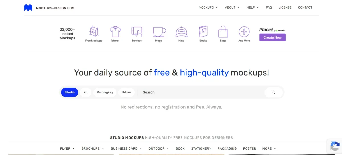Homepage screenshot of Mockups-Design displaying free design templates and search options
