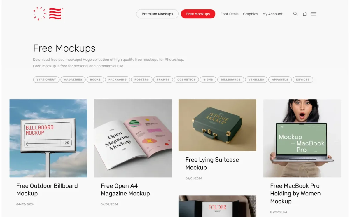 Homepage screenshot of MrMockup showcasing free PSD design templates.