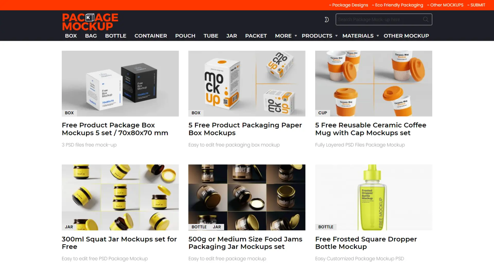 Homepage screenshot of Package Mockups displaying free packaging templates, boxes, and jars