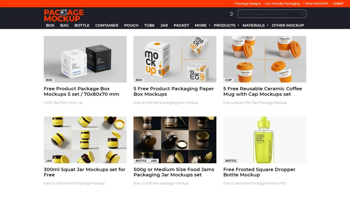 Homepage screenshot of Package Mockups displaying free packaging templates, boxes, and jars