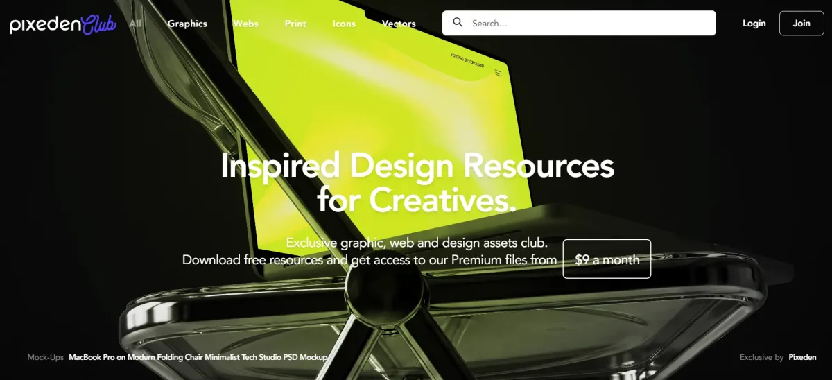 Pixeden homepage showcasing premium mockups and graphic design resources