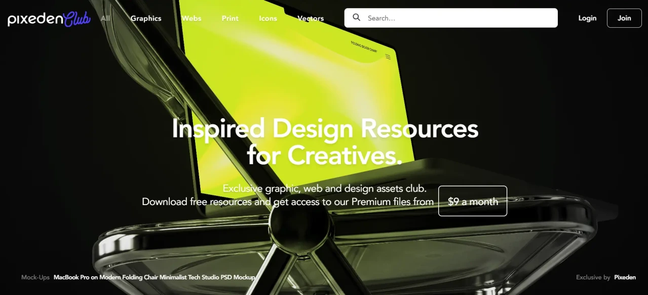 Pixeden homepage showcasing premium mockups and graphic design resources