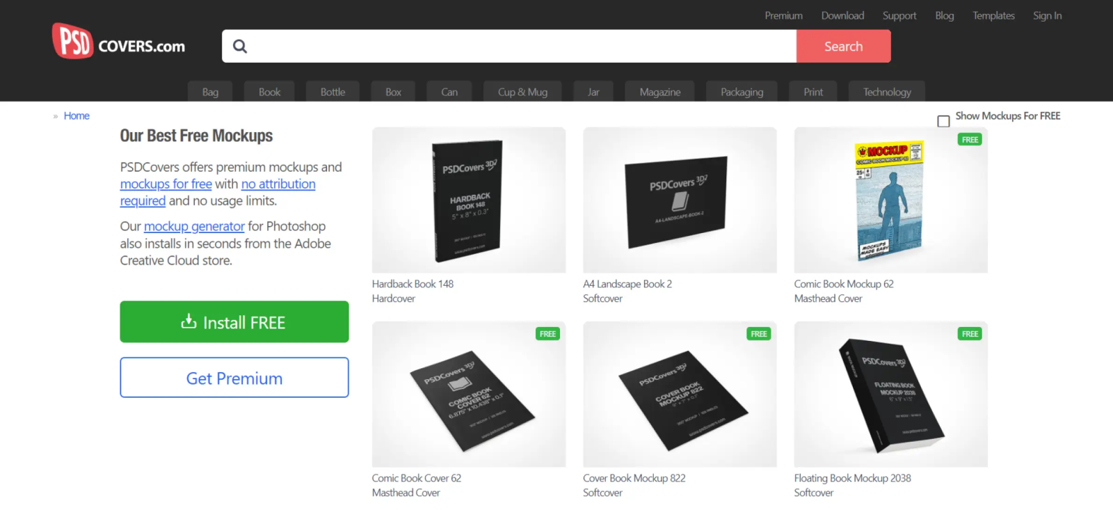 PSDCovers homepage featuring free mockups, fonts, templates, and creative design assets