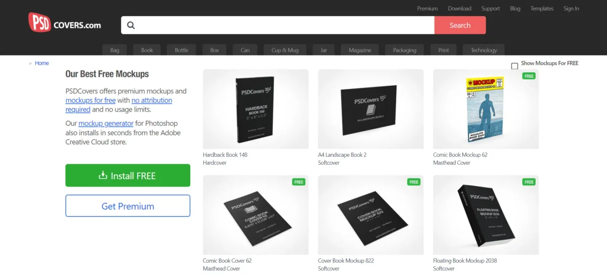 PSDCovers homepage featuring free mockups, fonts, templates, and creative design assets