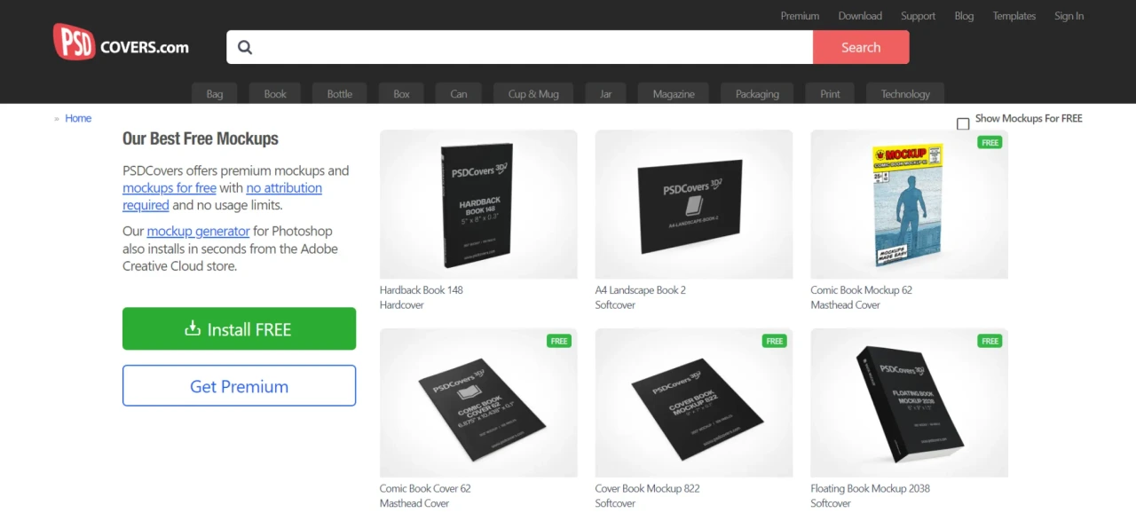 PSDCovers homepage featuring free mockups, fonts, templates, and creative design assets