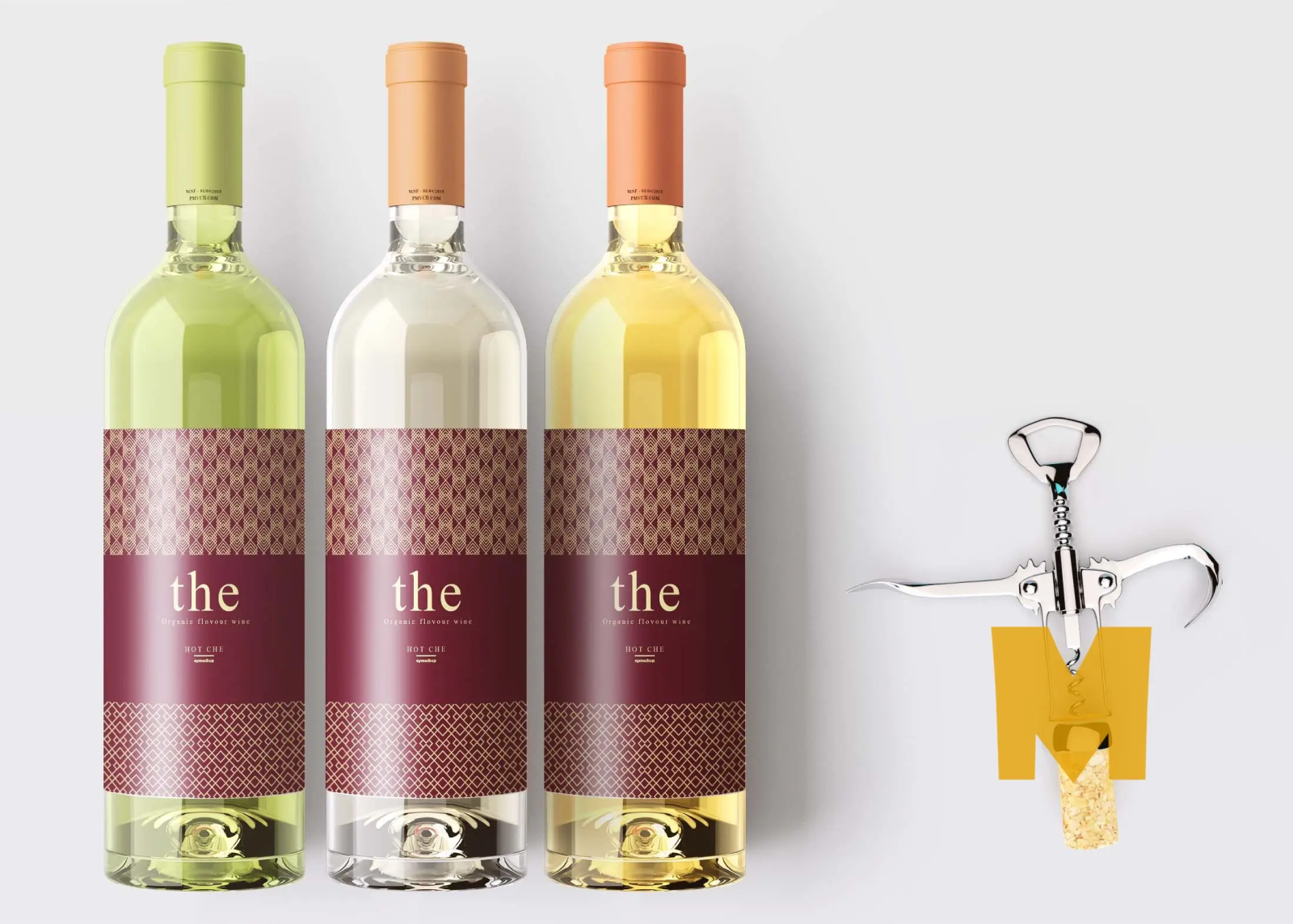 Three wine bottles in green, clear and amber glass with matching burgundy patterned labels reading The, Organic Flavour Wine, beside a corkscrew and cork.