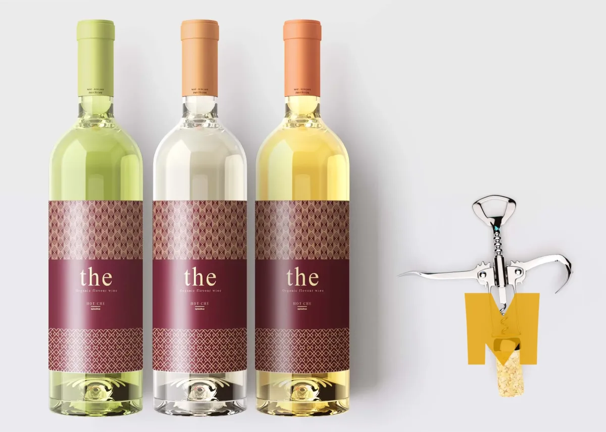 Three wine bottles in green, clear and amber glass with matching burgundy patterned labels reading The, Organic Flavour Wine, beside a corkscrew and cork.