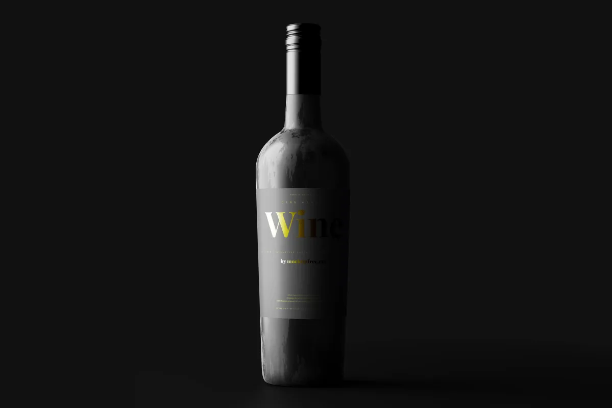 Dark glass wine bottle mockup with screw cap closure and a black label reading Wine, Dark Glass, on a near-black background.
